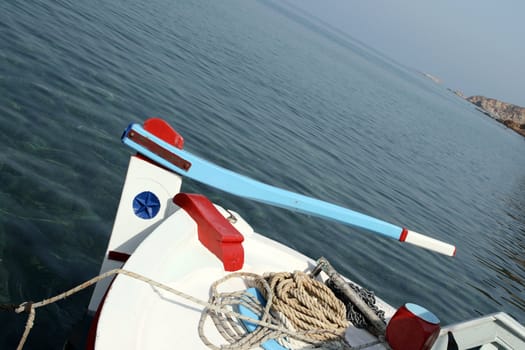 steering from traditional wooden fishing boat detail patmos island greece