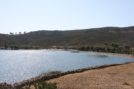 view of agrio livadi beach patmos island greece