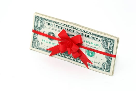 dollars gift banknotes present with red ribon and bow isolated