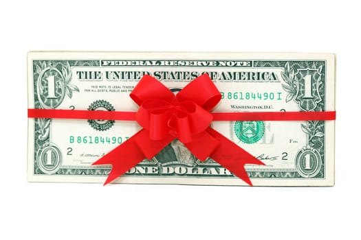 one dollar banknotes present with red ribon and bow isolated