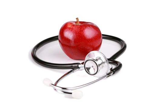 red gala apple with stethoscope isolated, healthy eating  concept
