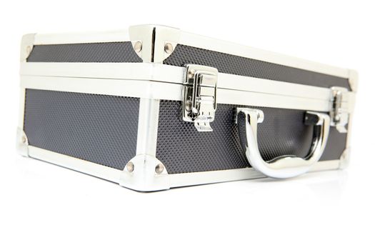 closeup black aluminum briefcase isolated on white background
