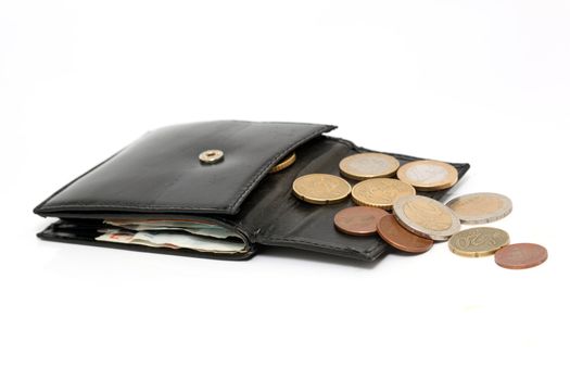 black leather wallet open and euro coins isolated on white 