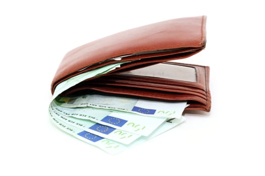 brown leather wallet with hundred euro banknotes isolated