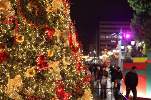 detail from athens greece main xmas tree of the city at night