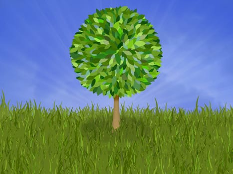 Illustration of an isolated tree in grass