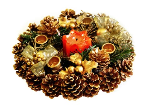 red new year burning candle in gold decoration isolated