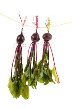 Shot of hanging beet isolated on white