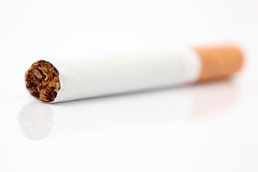 on cigarette with reflection focus on tobacco on white background