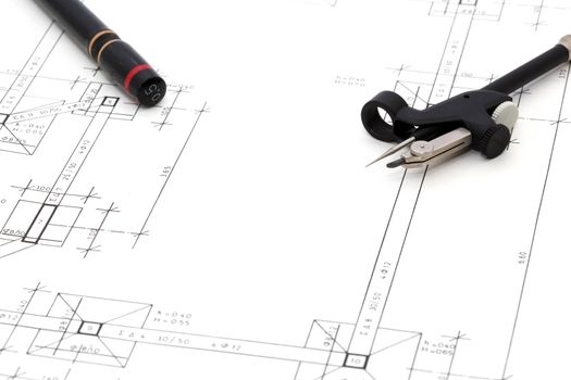 engineering drawings and equipment compass and rapidograph