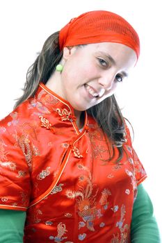 beautiful chinese girl wearing the red color chinese traditional dress