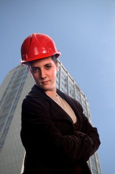 young woman architect over white background
