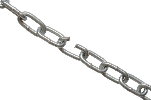 Closeup of metal breaking chain isolated on white background with clipping path