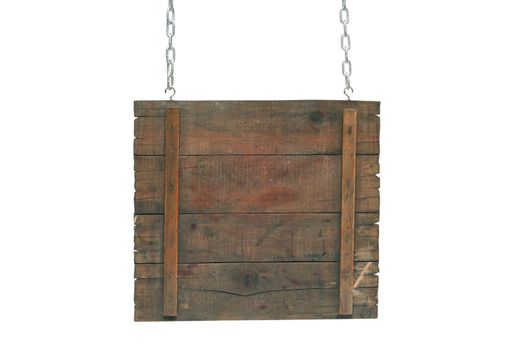 Empty wooden notice board hanging on a chains. Isolated on white background with clipping path