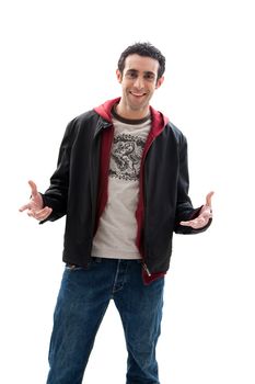 Cool handsome male smiling wearing a red hoodie, black coat and jeans, with hands open, isolated