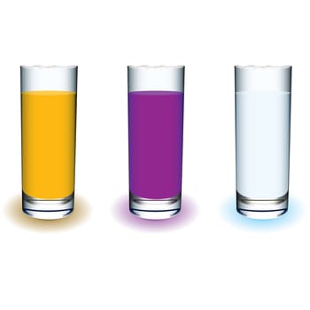 Three tall glass drinks filled with fresh fruit juice