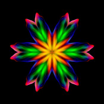 A patterned star in shades of green, blue, and black with a glowing orange and yellow center.