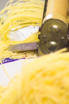 Close up of freshly made raw noodles.