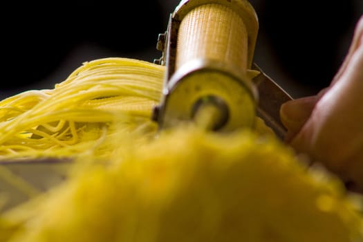 Close up of freshly made raw noodles.