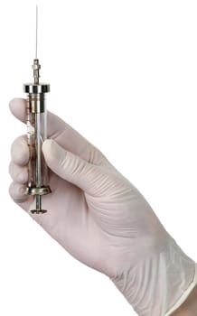 Syringe on hand in surgeon's glove on white background