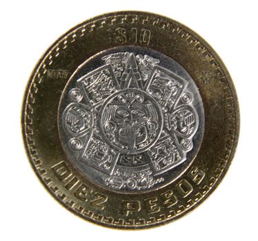A close-up shot of a Mexican ten peso coin.

