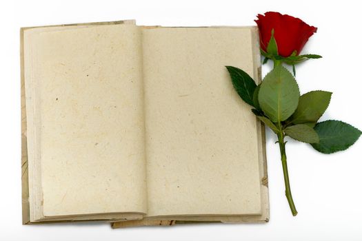  Diary with opened sheets and with red rose, diary made with natural materials