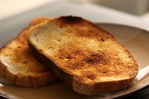 A piece of toast sitting on a plate, shot with an extremely shallowd depth of field.