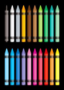 Brightly coloured crayon collection with black background