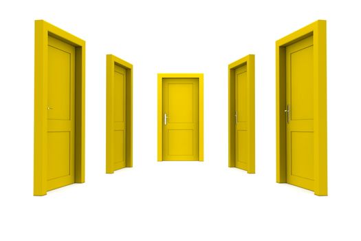 abstract hallway with five yellow closed doors