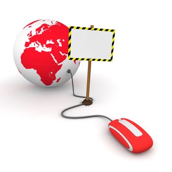 red computer mouse is connected to a red globe - surfing and browsing is blocked by a white rectangular sign that cuts the cable - empty template with yellow and black warning stripes