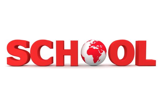 red word SCHOOL with a 3D globe replacing letter O