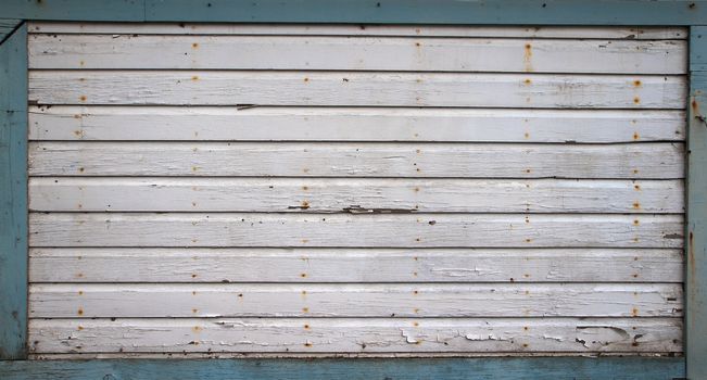 Wood Gray Weathered Wall with cracked paint and rusty nails framed in pastel blue wood