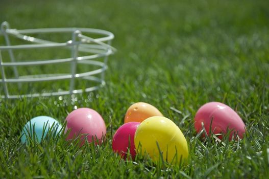Colorful plastic Easter Eggs lay on the grass near a white metal basket.