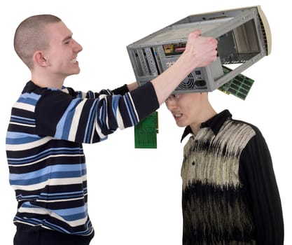 Serviceman covered computer on head of client on white