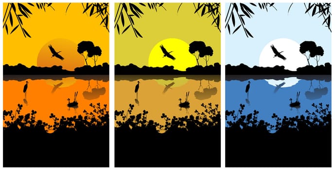 Three different views on a lake sunset background