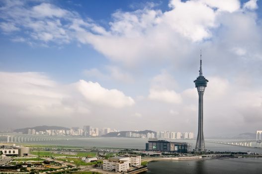 Cityscape with travel tower in Macao, Asia.