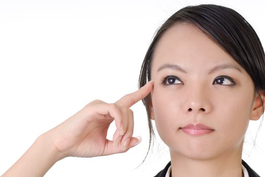 Business woman thinking and put finger on mind, closeup portrait on white background.