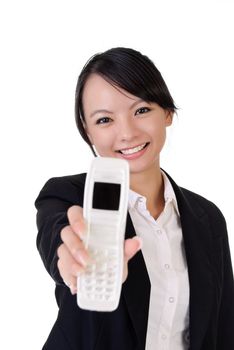 Portrait of happy business woman holding mobile phone on white background.