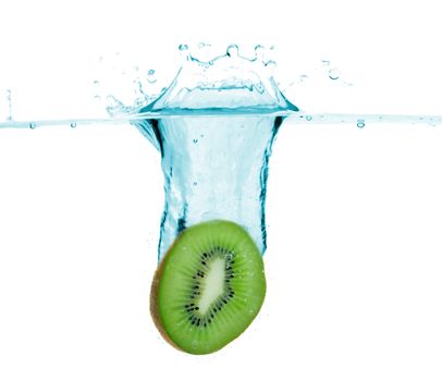 kiwi falling into blue water, isolated on white