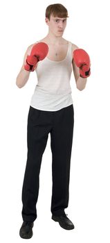 The thin boxer in gloves and sleeveless shirt