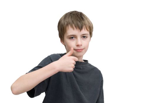 A young boy saying ok with a thumbs up hand sign.