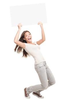 Poster sign woman excited standing in full length - funny and energetic pose. Young Caucasian / Asian female model isolated on white background. 