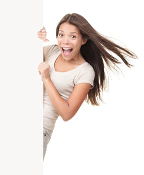 Blank sign. Woman holding empty blank white sign. Excited and screaming beautiful young woman isolated on white background.