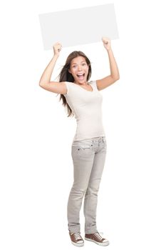 Blank sign. Woman holding empty blank white sign above her head. Excited and screaming beautiful young woman isolated on white background standing in full length. 