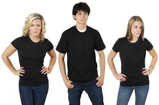Young people wearing blank black shirts, ready for your design or logo.