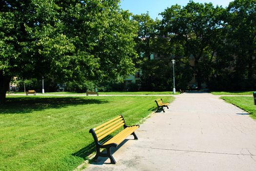 Bench and lamps in tranquil green city park