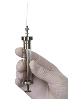 Syringe on hand on the white background