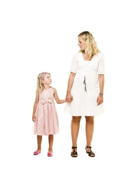 Mother and daughter holding hands isolated on white background