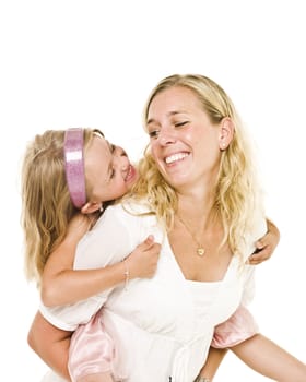 Portrait of happy mother and daughter isolated on white background