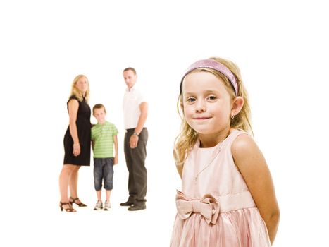 Young Girl in front of her family isolated on white background